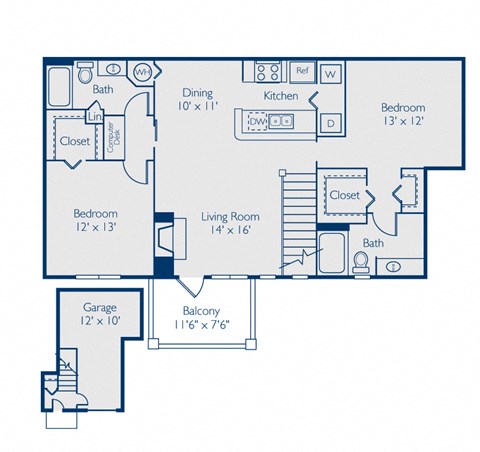 Floor plan for 2 beds, 2 baths, 1182 sqft